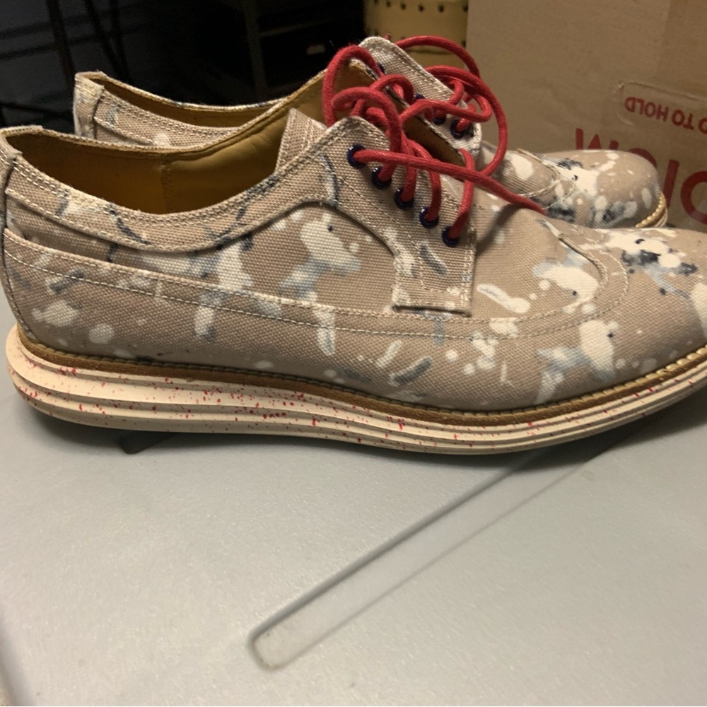 Worn once/
Cole Haan Beige Canvas Oxfords with Red Laces